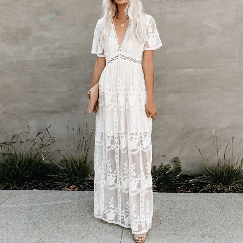 Lace V-neck Short Sleeve Maxi Dress Boho-1