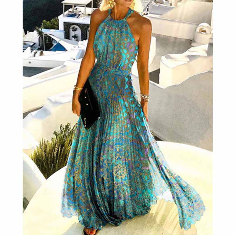 Fashion Elegant printed sleeveless Hanging Collar Street Beat Floor-length dress-1