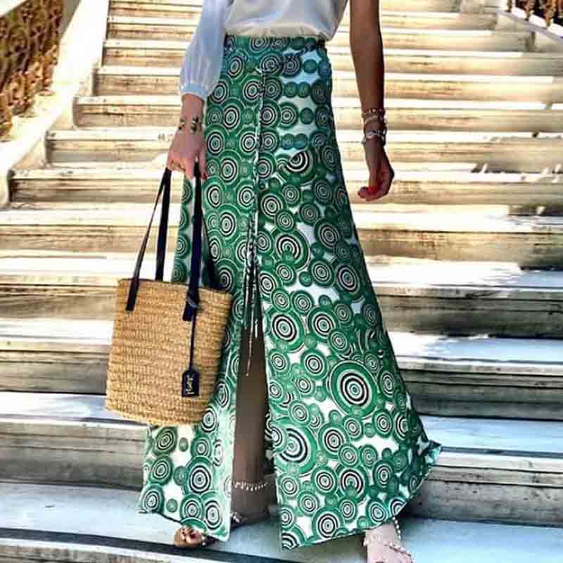 Resort Green Geometric Print Slit Tie High Waist Skirt-`